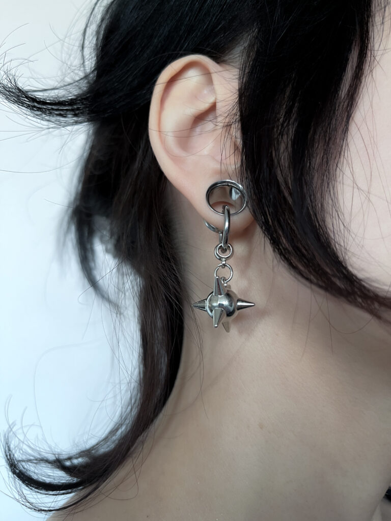 spike bomb silver earring - ear tunnel charm inside a 14mm ear tunnel